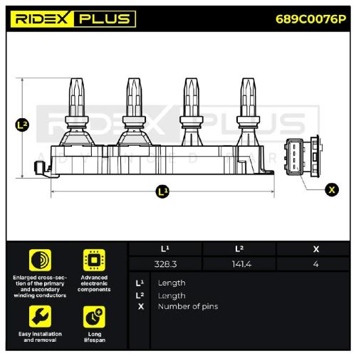 RIDEX PLUS 689C0076P Zündspule Anschlussanzahl 4 passend für PEUGEOT 1688197580 Bild RIDEX PLUS 689C0076P Zündspule Anschlussanzahl 4 passend für PEUGEOT 1688197580