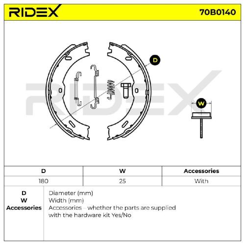 RIDEX Bremsbacken Satz für Trommelbremse Hinten mit Zubehör 70B0140 Bild RIDEX Bremsbacken Satz für Trommelbremse Hinten mit Zubehör 70B0140