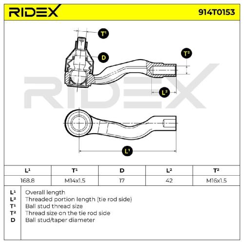 RIDEX Spurstangenkopf Vorderachse rechts Traggelenk 914T0153 Bild RIDEX Spurstangenkopf Vorderachse rechts Traggelenk 914T0153