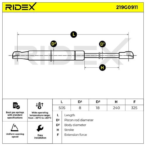 RIDEX 219G0911 Heckklappendämpfer 325N Hub: 240mm für RENAULT LAGUNA Coupe Bild RIDEX 219G0911 Heckklappendämpfer 325N Hub: 240mm für RENAULT LAGUNA Coupe