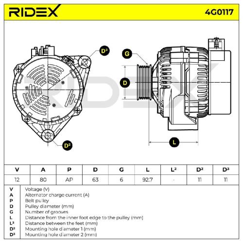RIDEX 4G0117 Lichtmaschine 80A 12V Drehrichtung im Uhrzeigersinn mit für CITROËN Bild RIDEX 4G0117 Lichtmaschine 80A 12V Drehrichtung im Uhrzeigersinn mit für CITROËN