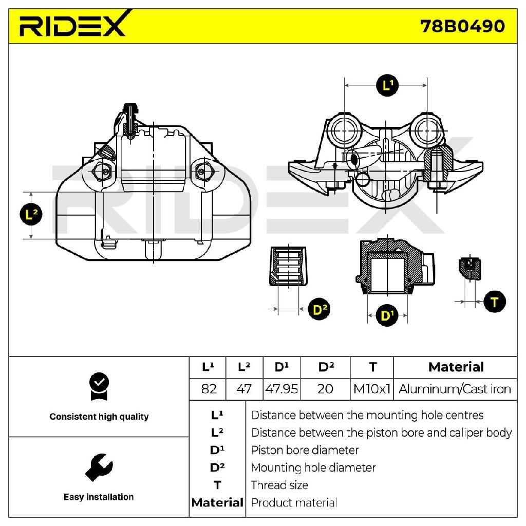 RIDEX 78B0490 Bremssattel Bremszange Vorne rechts passend für PEUGEOT 440094