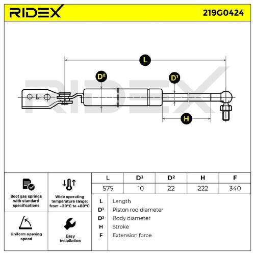 RIDEX 219G0424 Heckklappendämpfer links Länge:575mm 350N Hub: 230mm für MAZDA Bild RIDEX 219G0424 Heckklappendämpfer links Länge:575mm 350N Hub: 230mm für MAZDA