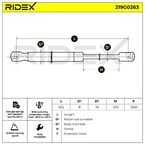 RIDEX 219G0263 Heckklappendämpfer Länge:515mm 550N Hub: 210mm für VW 533827345C Bild RIDEX 219G0263 Heckklappendämpfer Länge:515mm 550N Hub: 210mm für VW 533827345C