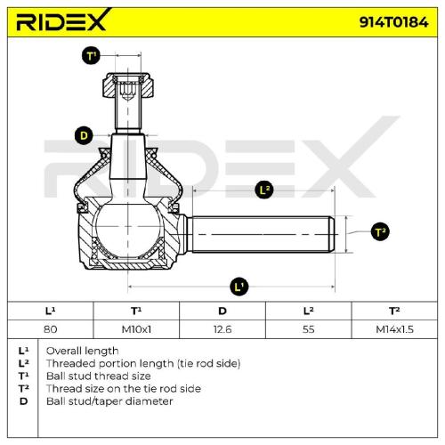 RIDEX Spurstangenkopf Vorderachse beidseitig außen Traggelenk M10X1.25 914T0184 Bild RIDEX Spurstangenkopf Vorderachse beidseitig außen Traggelenk M10X1.25 914T0184