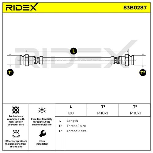 RIDEX Bremsschlauch 83B0287 HINTEN beidseitig BREMSSCHLÄUCHE Länge: 190mm Bild RIDEX Bremsschlauch 83B0287 HINTEN beidseitig BREMSSCHLÄUCHE Länge: 190mm