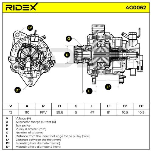 RIDEX 4G0062 Lichtmaschine 110A 14V Drehrichtung im Uhrzeigersinn mit 373004X000 Bild RIDEX 4G0062 Lichtmaschine 110A 14V Drehrichtung im Uhrzeigersinn mit 373004X000
