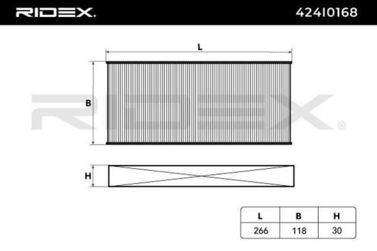 RIDEX 424I0168 Innenraumfilter Pollenfilter Höhe: 30 Breite: 117 Länge: 264 Bild RIDEX 424I0168 Innenraumfilter Pollenfilter Höhe: 30 Breite: 117 Länge: 264