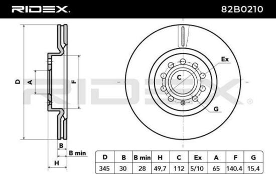 RIDEX 82B0210 2x Bremsscheiben Vorne Ø345mm Belüftet für VW 1K0615301AB Bild RIDEX 82B0210 2x Bremsscheiben Vorne Ø345mm Belüftet für VW 1K0615301AB