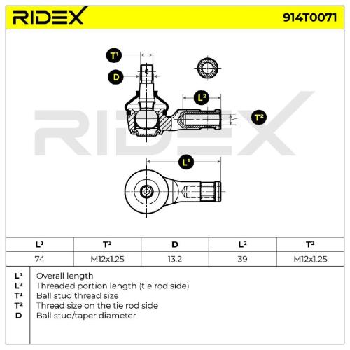 RIDEX Spurstangenkopf Vorderachse beidseitig außen Traggelenk 12x1,25 914T0071 Bild RIDEX Spurstangenkopf Vorderachse beidseitig außen Traggelenk 12x1,25 914T0071
