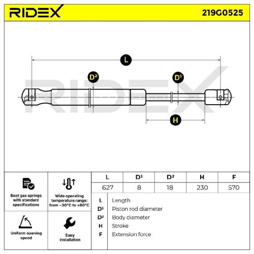 RIDEX 219G0525 Heckklappendämpfer beidseitig Länge:610mm 600N Hub: 215mm Bild RIDEX 219G0525 Heckklappendämpfer beidseitig Länge:610mm 600N Hub: 215mm