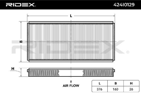 RIDEX 424I0129 Innenraumfilter Pollenfilter Höhe: 27,5 Breite: 164 Länge: 376 Bild RIDEX 424I0129 Innenraumfilter Pollenfilter Höhe: 27,5 Breite: 164 Länge: 376