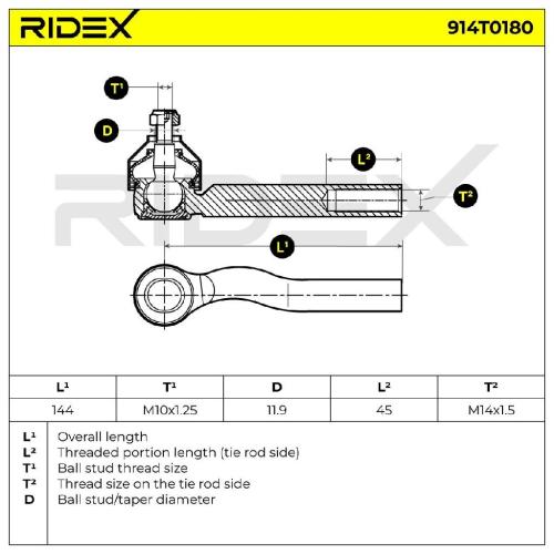 RIDEX Spurstangenkopf außen links Vorderachse Traggelenk M10X1.25 914T0180 Bild RIDEX Spurstangenkopf außen links Vorderachse Traggelenk M10X1.25 914T0180