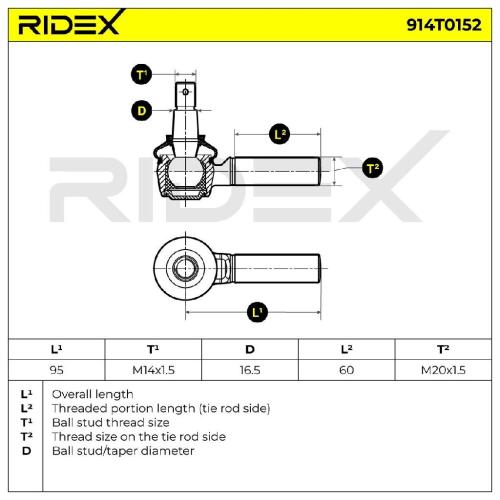 RIDEX Spurstangenkopf Vorderachse rechts außen Traggelenk M14X1.5 914T0152 mit Bild RIDEX Spurstangenkopf Vorderachse rechts außen Traggelenk M14X1.5 914T0152 mit