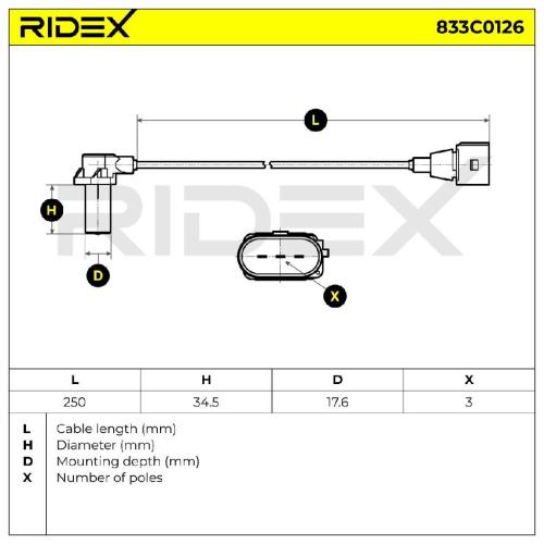 RIDEX Kurbelwellensensor 833C0126 250 mm Anzahl der Steckkontakte: 3 für VW Bild RIDEX Kurbelwellensensor 833C0126 250 mm Anzahl der Steckkontakte: 3 für VW
