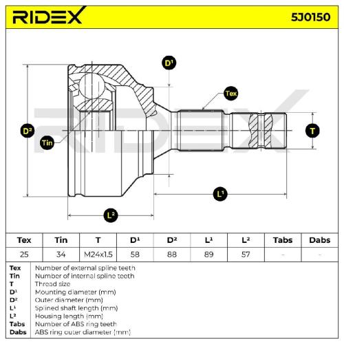 RIDEX 5J0150 Gelenksatz Antriebswelle Achswelle radseitig Vorne links rechts Bild RIDEX 5J0150 Gelenksatz Antriebswelle Achswelle radseitig Vorne links rechts