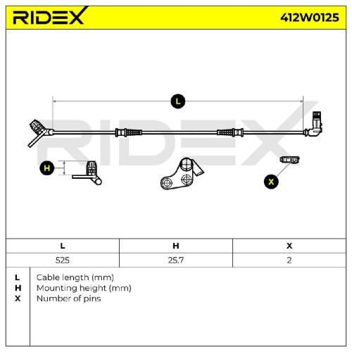 RIDEX ABS-Sensor 412W0125 Vorderachse rechts Sensorart: Hallsensor Anzahl der Bild RIDEX ABS-Sensor 412W0125 Vorderachse rechts Sensorart: Hallsensor Anzahl der