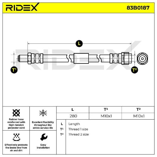 RIDEX Bremsschlauch 83B0187 VORNE beidseitig BREMSSCHLÄUCHE Länge: 280mm Bild RIDEX Bremsschlauch 83B0187 VORNE beidseitig BREMSSCHLÄUCHE Länge: 280mm