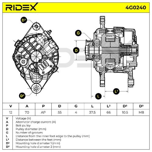 RIDEX 4G0240 Lichtmaschine 70A 12V Drehrichtung im Uhrzeigersinn mit für MAZDA Bild RIDEX 4G0240 Lichtmaschine 70A 12V Drehrichtung im Uhrzeigersinn mit für MAZDA