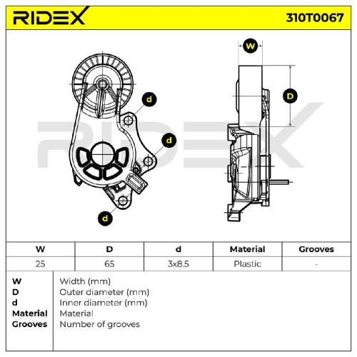 RIDEX 310T0067 Spannrolle Keilrippenriemen passend für PEUGEOT 2008 Kombi (CU) Bild RIDEX 310T0067 Spannrolle Keilrippenriemen passend für PEUGEOT 2008 Kombi (CU)