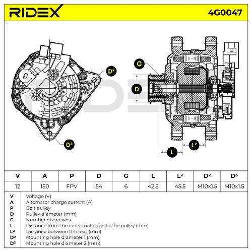 RIDEX 4G0047 Lichtmaschine 150A 12V mit Freilaufriemenscheibe 3140069K00 Bild RIDEX 4G0047 Lichtmaschine 150A 12V mit Freilaufriemenscheibe 3140069K00