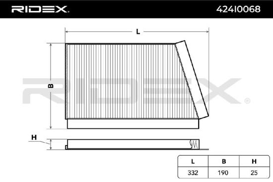 RIDEX 424I0068 Innenraumfilter Pollenfilter Höhe: 25 Breite: 190 Länge: 332 Bild RIDEX 424I0068 Innenraumfilter Pollenfilter Höhe: 25 Breite: 190 Länge: 332