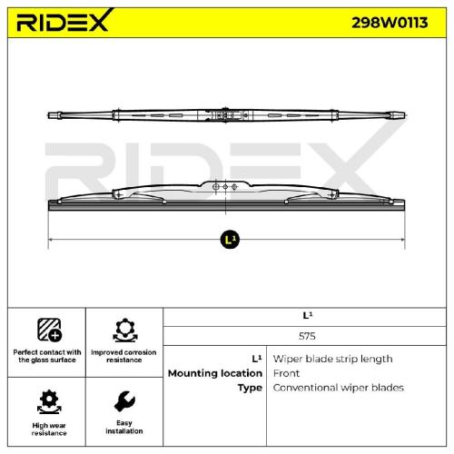 RIDEX Scheibenwischer Wischblatt Stück ohne Spoiler Vorne Länge: 575mm Standard Bild RIDEX Scheibenwischer Wischblatt Stück ohne Spoiler Vorne Länge: 575mm Standard
