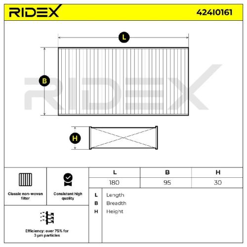 RIDEX 424I0161 Innenraumfilter Pollenfilter Höhe: 30 Breite: 95 Länge: 180 Bild RIDEX 424I0161 Innenraumfilter Pollenfilter Höhe: 30 Breite: 95 Länge: 180