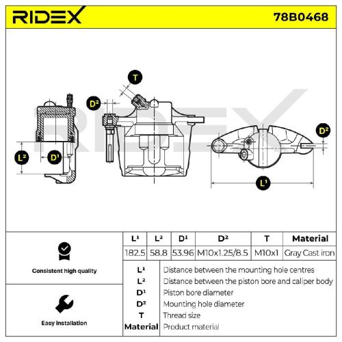 RIDEX 78B0468 Bremssattel Bremszange Vorne links für RENAULT KANGOO (KC0/1) Bild RIDEX 78B0468 Bremssattel Bremszange Vorne links für RENAULT KANGOO (KC0/1)