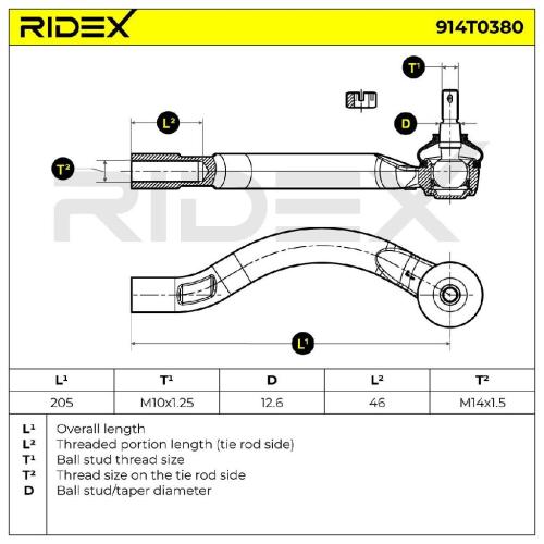 RIDEX Spurstangenkopf Vorderachse links Traggelenk 914T0380 mit Rechtsgewinde Bild RIDEX Spurstangenkopf Vorderachse links Traggelenk 914T0380 mit Rechtsgewinde