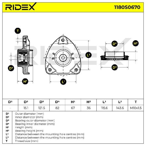 RIDEX 1180S0670 Federbeinstützlager mit Kugellager Vorne 2049810025 at10910 Bild RIDEX 1180S0670 Federbeinstützlager mit Kugellager Vorne 2049810025 at10910