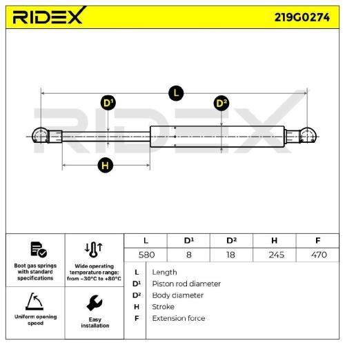 RIDEX 219G0274 Heckklappendämpfer hinten Länge:580mm 470N Hub: 245mm für AUDI Bild RIDEX 219G0274 Heckklappendämpfer hinten Länge:580mm 470N Hub: 245mm für AUDI