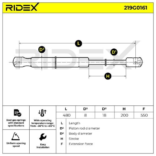 RIDEX 219G0161 Heckklappendämpfer hinten 550N Hub: 200mm für VW 5M0827550 Bild RIDEX 219G0161 Heckklappendämpfer hinten 550N Hub: 200mm für VW 5M0827550