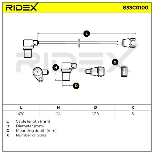 RIDEX Kurbelwellensensor 833C0100 470 mm Anzahl der Steckkontakte: 3 für NISSAN Bild RIDEX Kurbelwellensensor 833C0100 470 mm Anzahl der Steckkontakte: 3 für NISSAN
