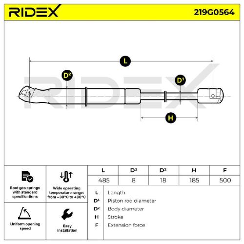 RIDEX 219G0564 Heckklappendämpfer Länge:486mm 500N Hub: 185mm für KIA VENGA (YN) Bild RIDEX 219G0564 Heckklappendämpfer Länge:486mm 500N Hub: 185mm für KIA VENGA (YN)