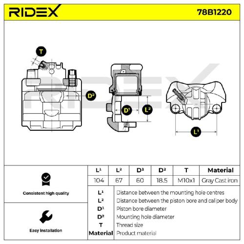 RIDEX 78B1220 Bremssattel Bremszange Vorne links für CITROËN BERLINGO (B9) Bild RIDEX 78B1220 Bremssattel Bremszange Vorne links für CITROËN BERLINGO (B9)