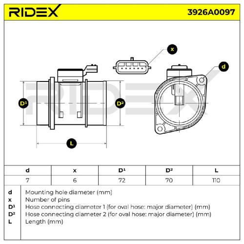 RIDEX 3926A0097 Luftmassenmesser/Luftmengenmesser LMM mit Gehäuse 6-Polig 135105 Bild RIDEX 3926A0097 Luftmassenmesser/Luftmengenmesser LMM mit Gehäuse 6-Polig 135105