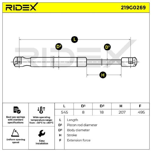 RIDEX 219G0269 Heckklappendämpfer Fahrzeugheckklappe beidseitig Länge:544mm 495N Bild RIDEX 219G0269 Heckklappendämpfer Fahrzeugheckklappe beidseitig Länge:544mm 495N