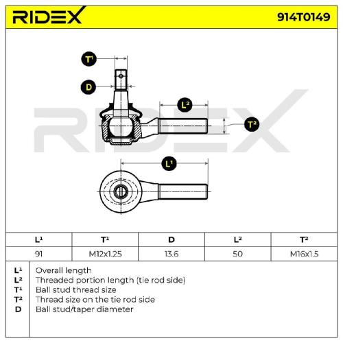 RIDEX Spurstangenkopf Vorderachse beidseitig außen Traggelenk M12X1.25 914T0149 Bild RIDEX Spurstangenkopf Vorderachse beidseitig außen Traggelenk M12X1.25 914T0149