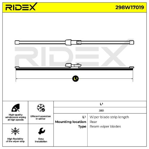 RIDEX 298W17019 Heckscheibenwischer Flach ohne Spoiler Hinten 380mm für SKODA Bild RIDEX 298W17019 Heckscheibenwischer Flach ohne Spoiler Hinten 380mm für SKODA
