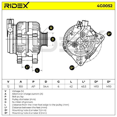 RIDEX 4G0052 Lichtmaschine 150A 12V Drehrichtung im Uhrzeigersinn mit 3140086CC0 Bild RIDEX 4G0052 Lichtmaschine 150A 12V Drehrichtung im Uhrzeigersinn mit 3140086CC0