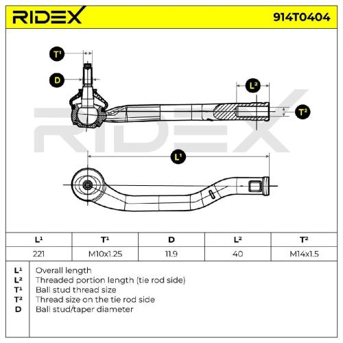 RIDEX Spurstangenkopf Vorderachse rechts Traggelenk IN M14X1.5 RHT M10x1.25 mit Bild RIDEX Spurstangenkopf Vorderachse rechts Traggelenk IN M14X1.5 RHT M10x1.25 mit