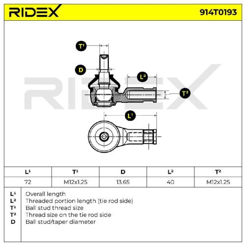 RIDEX Spurstangenkopf außen beidseitig Vorderachse Traggelenk M12X1.25 914T0193 Bild RIDEX Spurstangenkopf außen beidseitig Vorderachse Traggelenk M12X1.25 914T0193