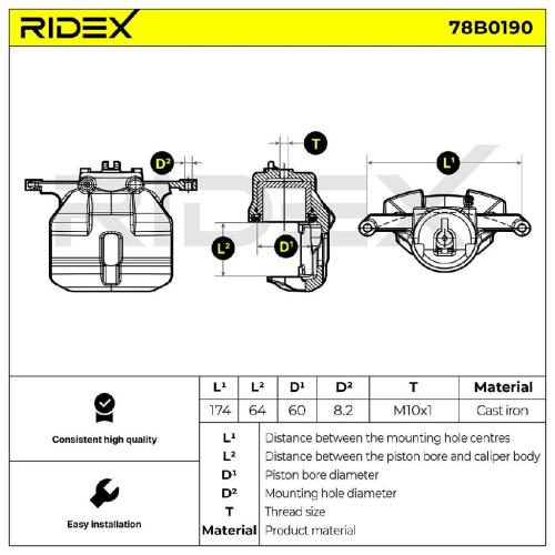 RIDEX 78B0190 Bremssattel Bremszange Vorne rechts für NISSAN 410014BA0A Bild RIDEX 78B0190 Bremssattel Bremszange Vorne rechts für NISSAN 410014BA0A