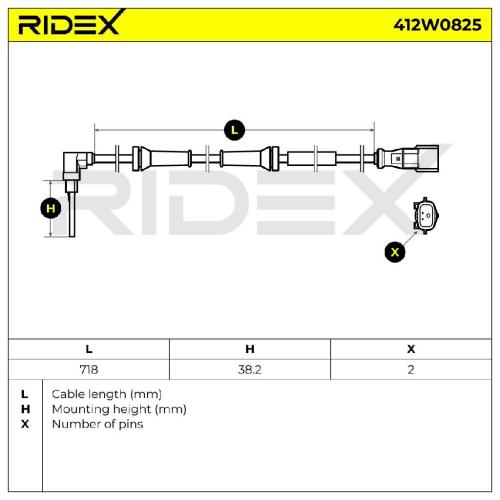 RIDEX ABS-Sensor 412W0825 Vorderachse Anzahl der Steckkontakte: 2 718mm Bild RIDEX ABS-Sensor 412W0825 Vorderachse Anzahl der Steckkontakte: 2 718mm