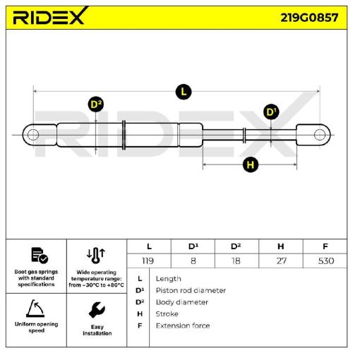 RIDEX 219G0857 Heckklappendämpfer Länge:118,5mm 530N Hub: 27mm für AUDI Bild RIDEX 219G0857 Heckklappendämpfer Länge:118,5mm 530N Hub: 27mm für AUDI