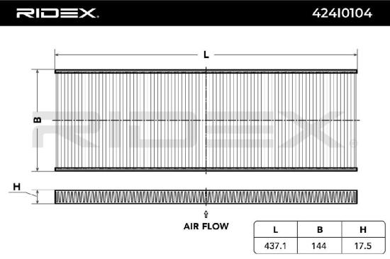 RIDEX 424I0104 Innenraumfilter Pollenfilter Höhe: 17 Breite: 144 Länge: 435 Bild RIDEX 424I0104 Innenraumfilter Pollenfilter Höhe: 17 Breite: 144 Länge: 435