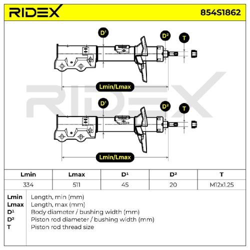 RIDEX 854S1862 2x Stoßdämpfer Federbein Gasdruck Vorne für FORD 1555094 1547217 Bild RIDEX 854S1862 2x Stoßdämpfer Federbein Gasdruck Vorne für FORD 1555094 1547217
