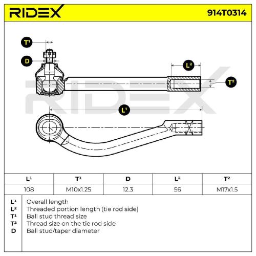 RIDEX Spurstangenkopf Vorderachse rechts außen Traggelenk M10X1.25 914T0314 Bild RIDEX Spurstangenkopf Vorderachse rechts außen Traggelenk M10X1.25 914T0314