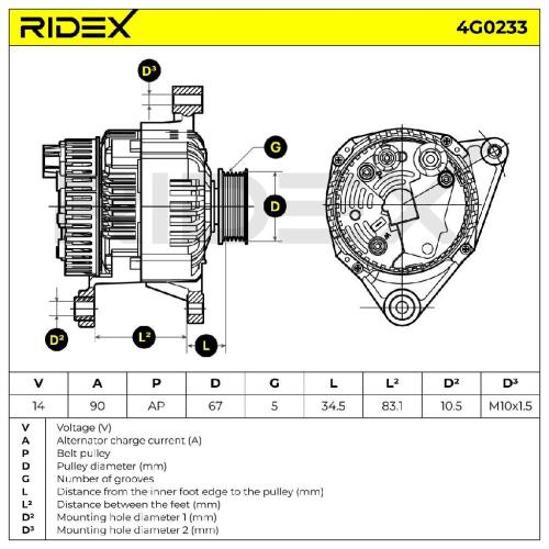 RIDEX 4G0233 Lichtmaschine 90A 12V Drehrichtung im Uhrzeigersinn mit für AUDI Bild RIDEX 4G0233 Lichtmaschine 90A 12V Drehrichtung im Uhrzeigersinn mit für AUDI